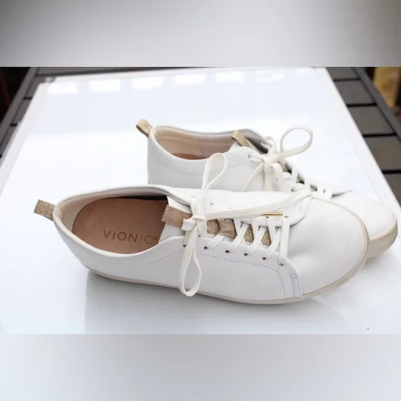 Vionic White Leather Low-Top Sneakers with Gold Accents - Picture 7 of 12